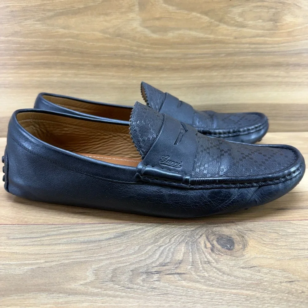 GUCCI GG GUCCISSIMA Driver Penny Loafers Mens US 10 UK 9 G Black Leather Travel